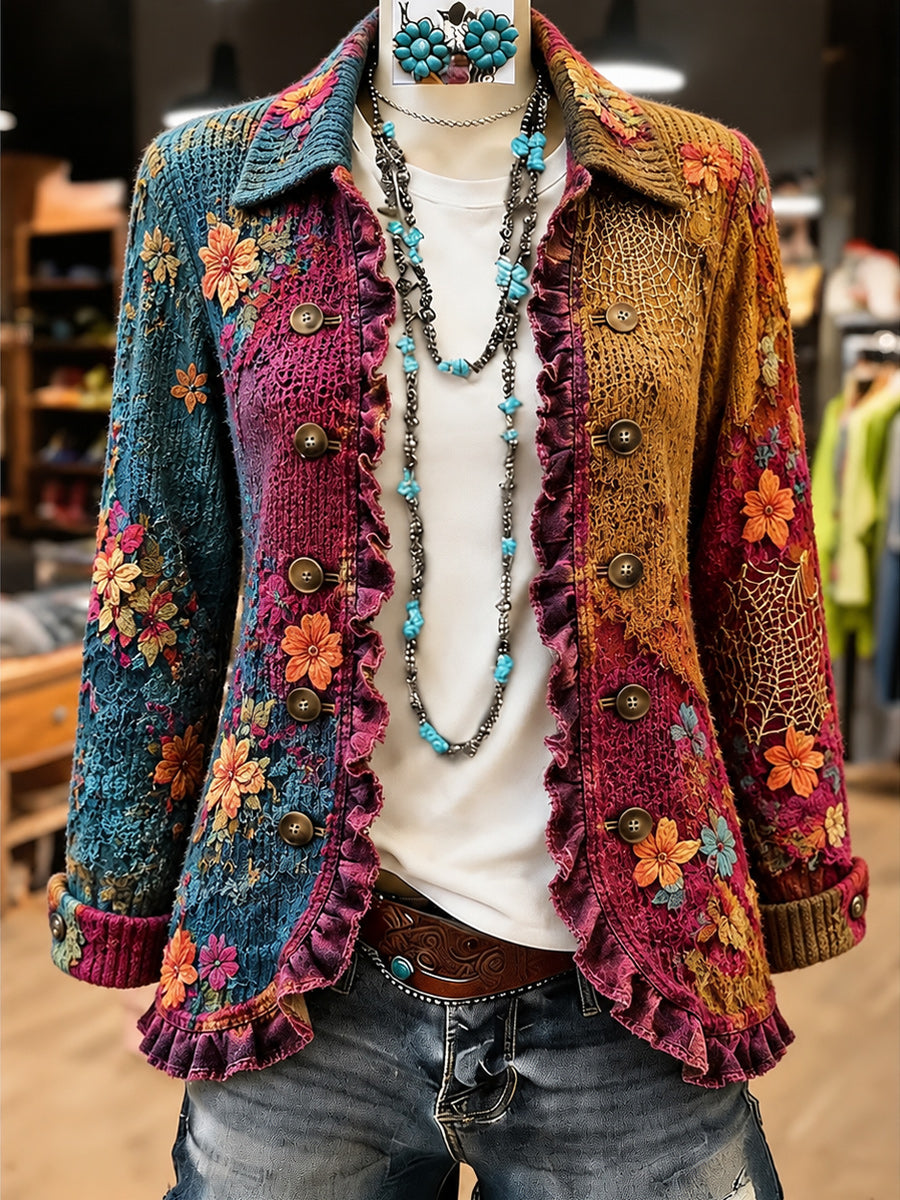 Women's Vintage Floral Art Print Casual Ruffled Shirt Jacket